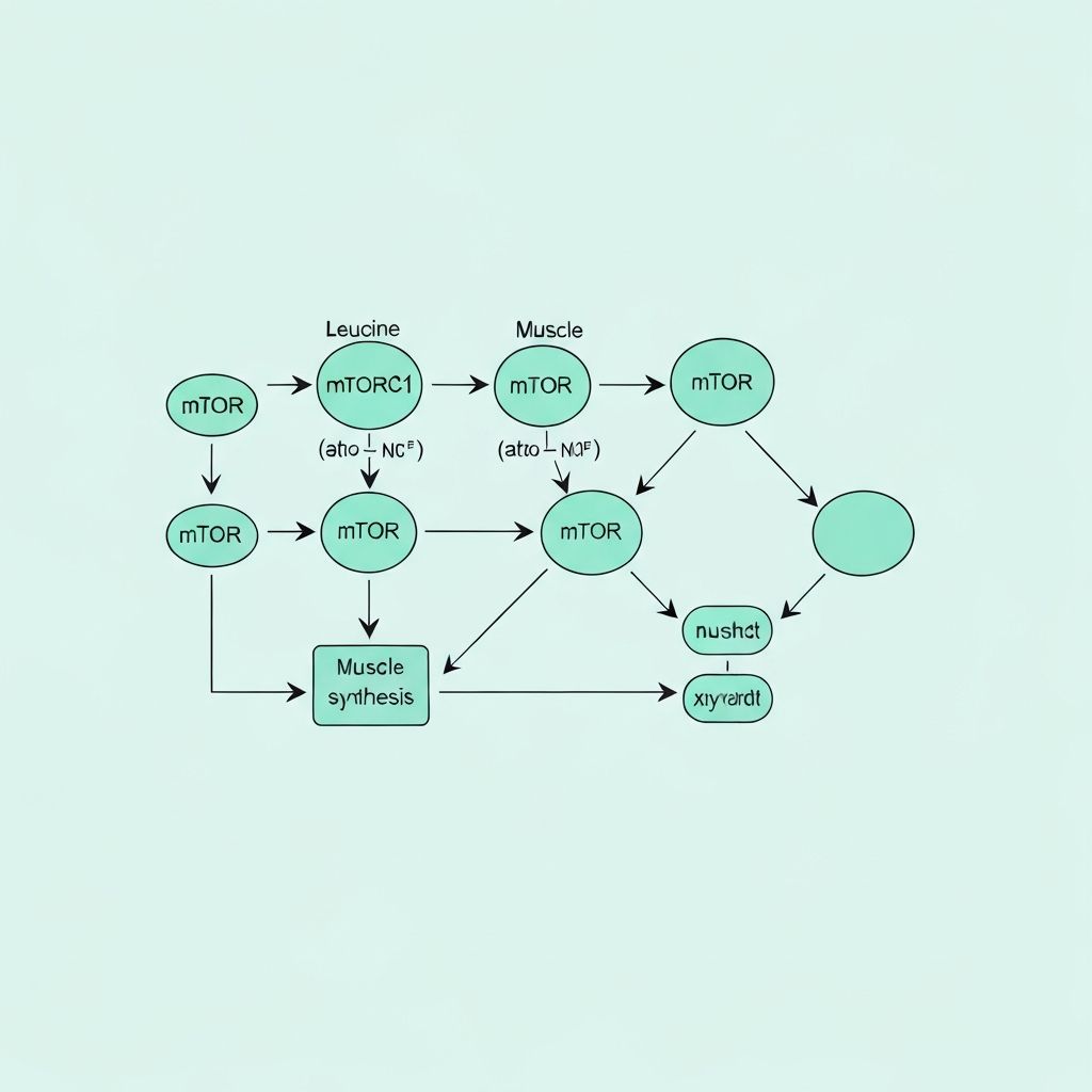 Biochemical pathway showing leucine activation of mTORC1 and muscle protein synthesis